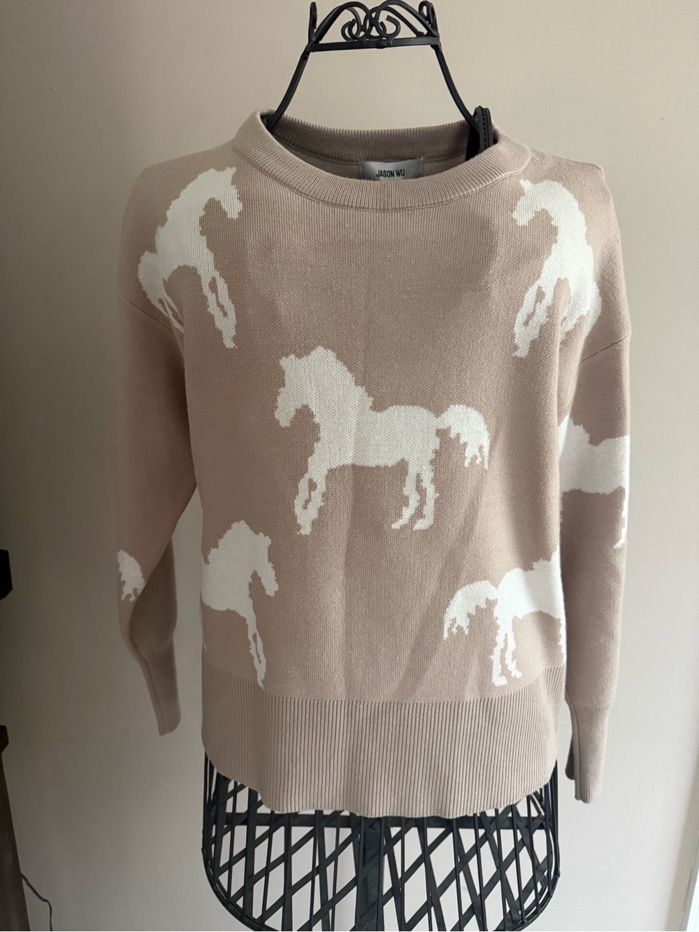 Jason Wu Taupe Crewneck Sweater with White Horse Motif